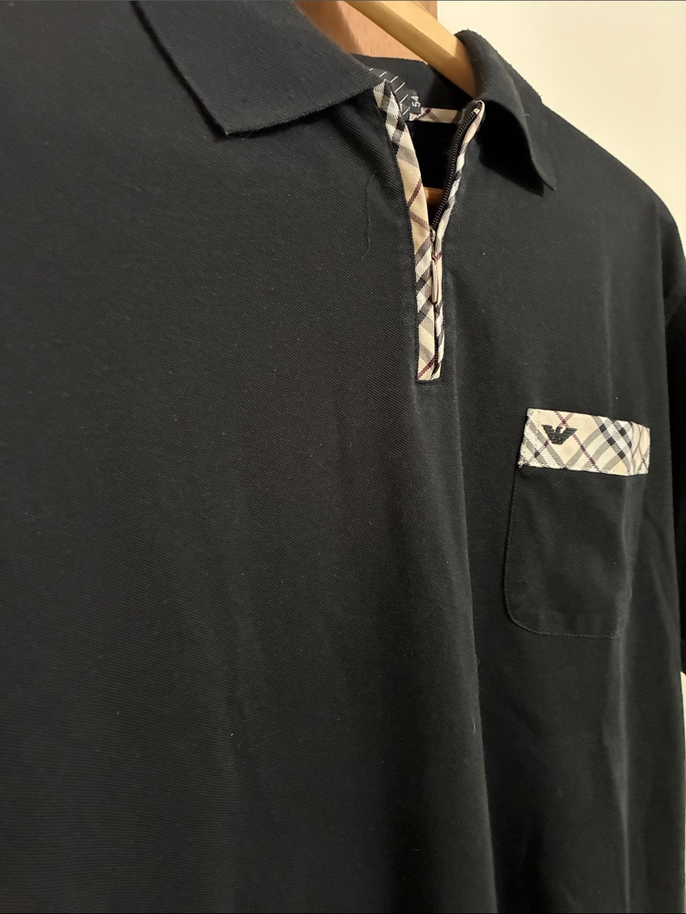 Giorgio Armani Black Polo with Plaid Trim